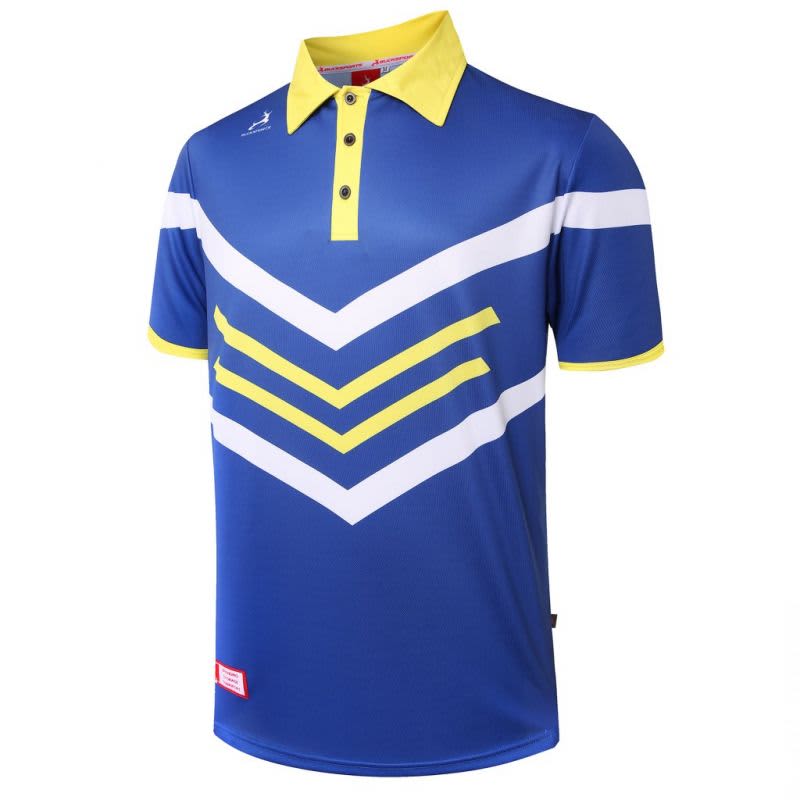 A blue cricket polo shirt featuring yellow and white stripes, with a collar and branding on the side.
