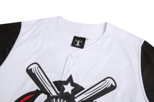 A white baseball jersey with black sleeves featuring a graphic design and a logo.