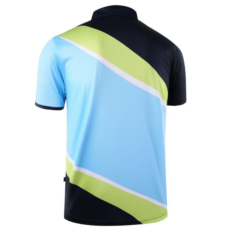 A polo shirt in blue, black, and green with a diagonal design, featuring a collar and short sleeves.