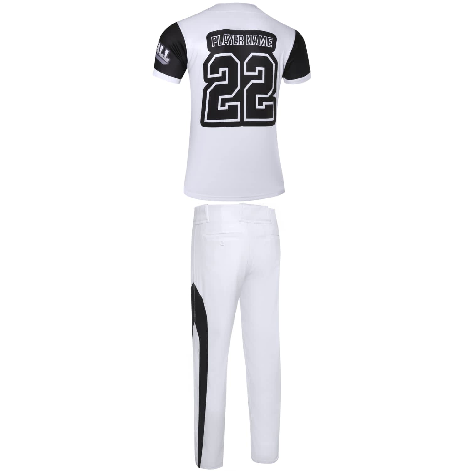 Baseball team wear featuring a white jersey with black accents and matching white pants, including a logo.