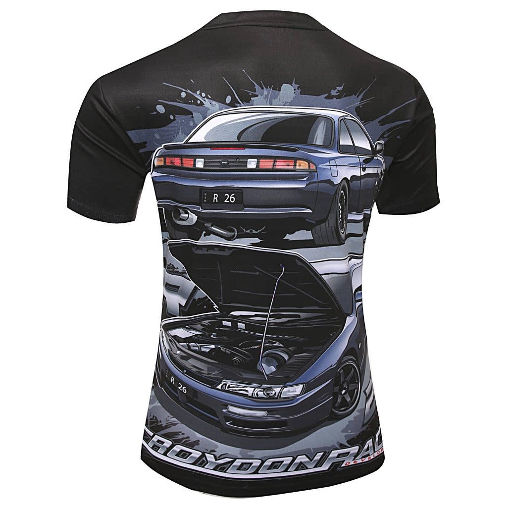 A polyester sublimation racing T-shirt featuring a graphic design of a black sports car on a black background.