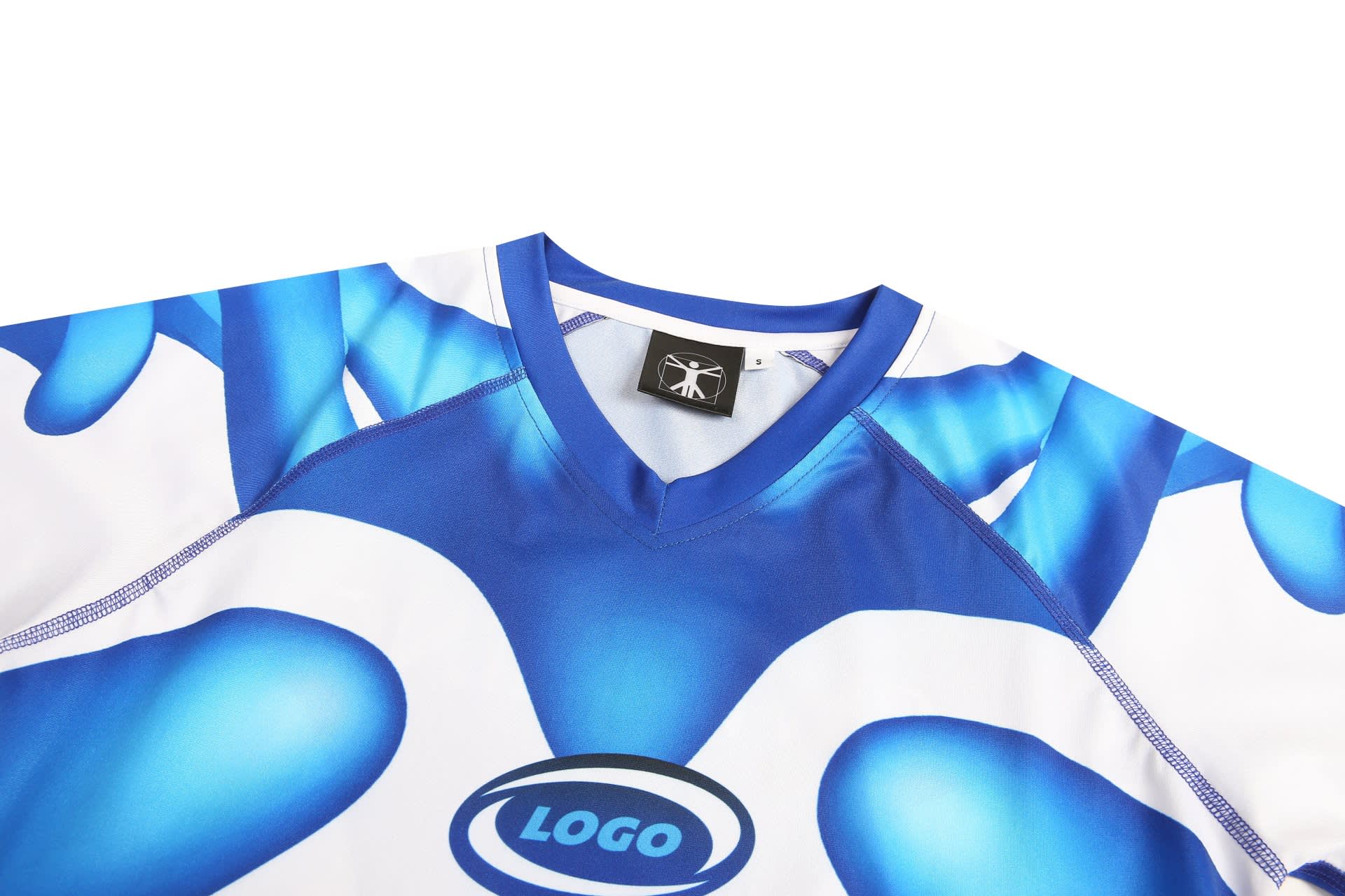 Blue and white swimwear featuring a vibrant design and a logo on the front.