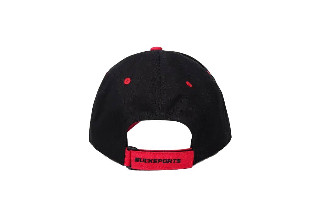 A black and red sport cap featuring a rear strap and logo. Suitable for various outdoor activities.
