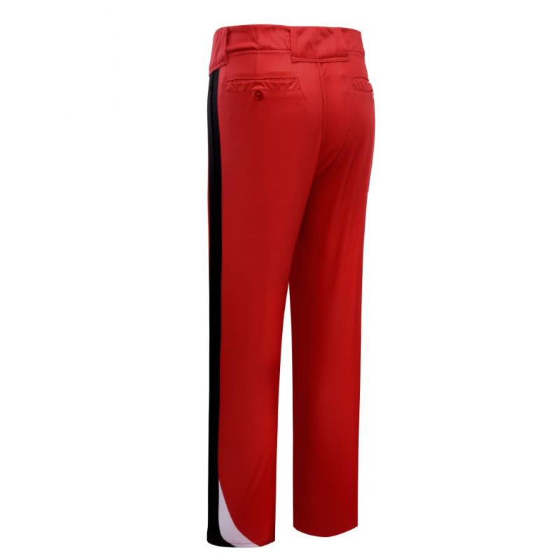 Red pants with black side panels, featuring two back pockets and a tailored design. Includes branding on the garment.
