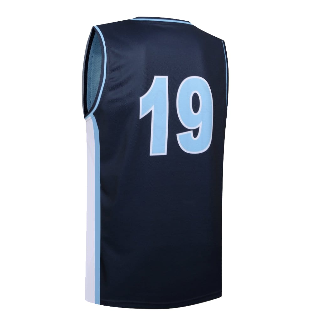 A navy reversible basketball top with light blue accents and the number 19 on the back. It features a logo.