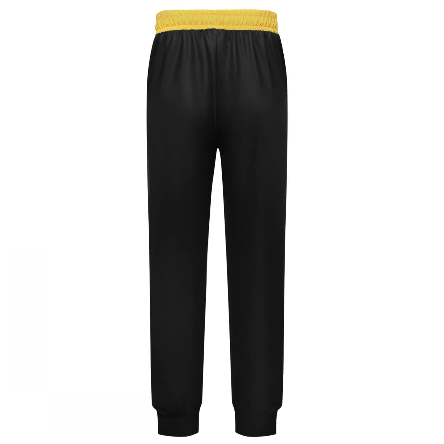 Black pants with a yellow elastic waistband and cuffs, featuring a plain design and a logo on the waistband.