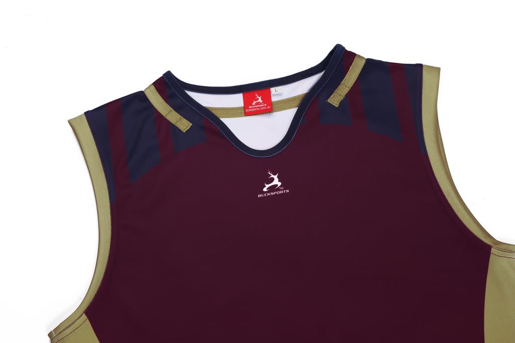 A maroon and gold AFL singlet featuring a logo and a sporty design.