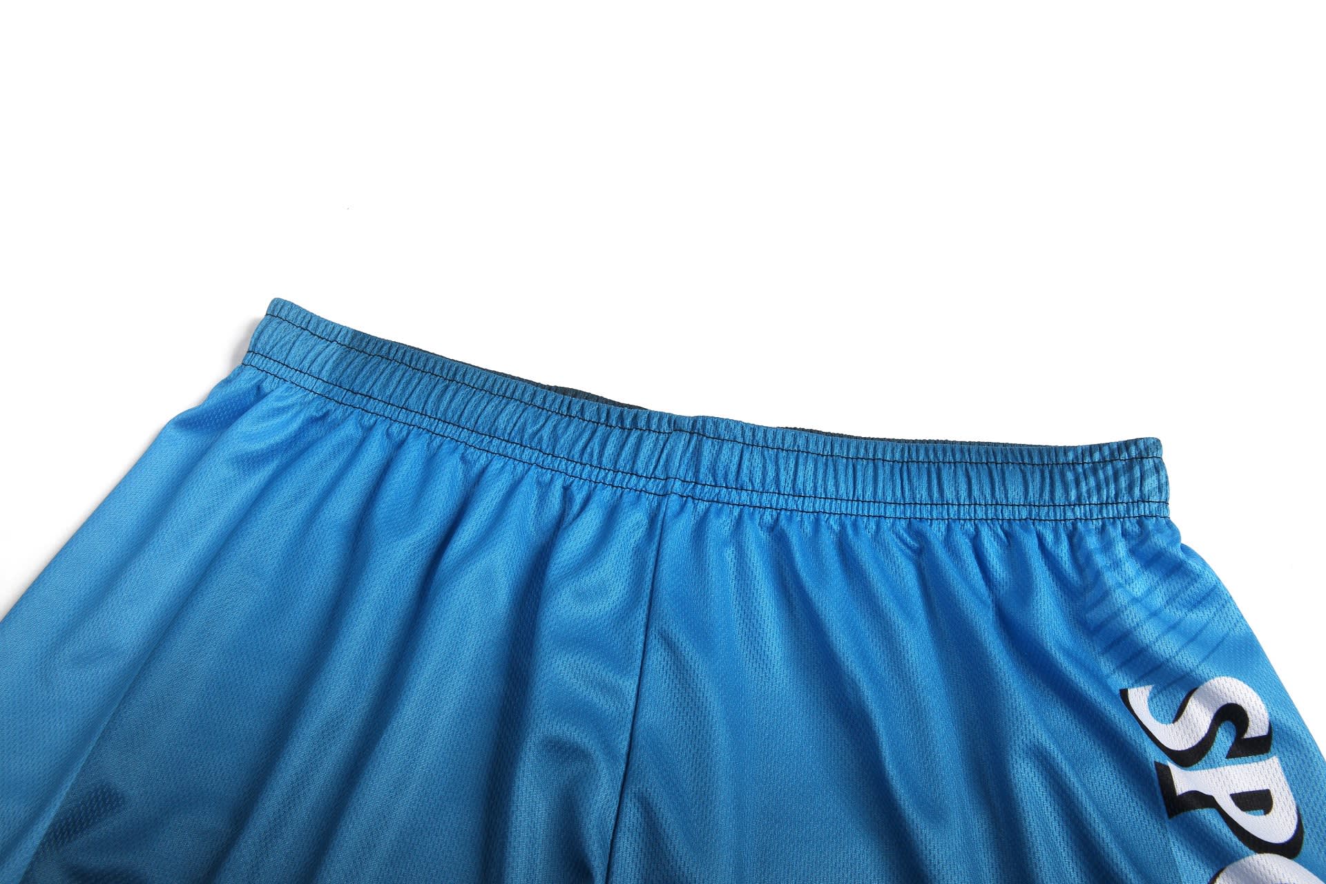 Blue sports shorts featuring an elastic waistband and a logo on the side. Suitable for athletics and recreational wear.