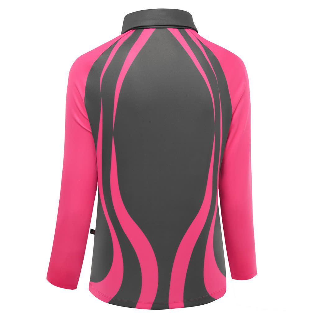 A pink and grey polo shirt featuring a wave-like design and a collared neck. The design is sporty and stylish.