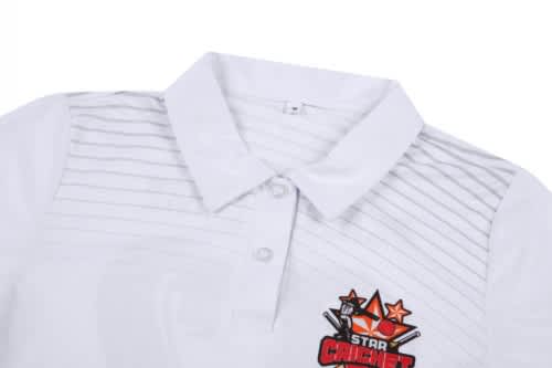A cricket uniform in white with a polo collar and a logo on the chest, featuring a textured stripe pattern.