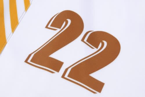 A white cricket uniform featuring the number 22 in a brown colour. The garment also has stripes in a contrasting colour.