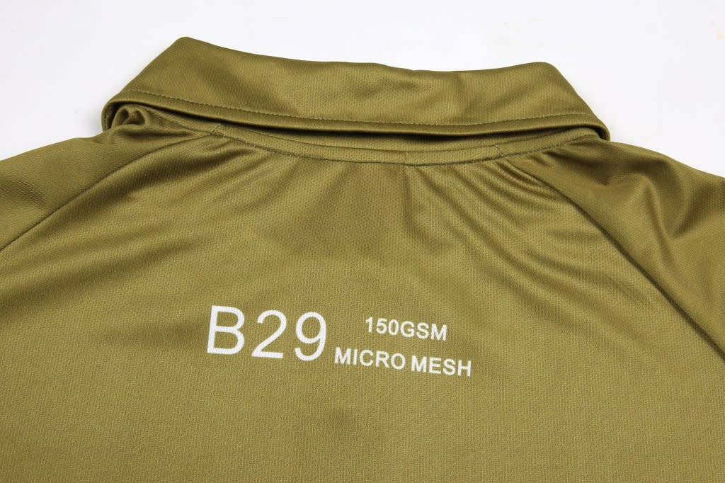 A micro mesh fabric polo top in olive green, featuring a collar and a branding logo on the back.