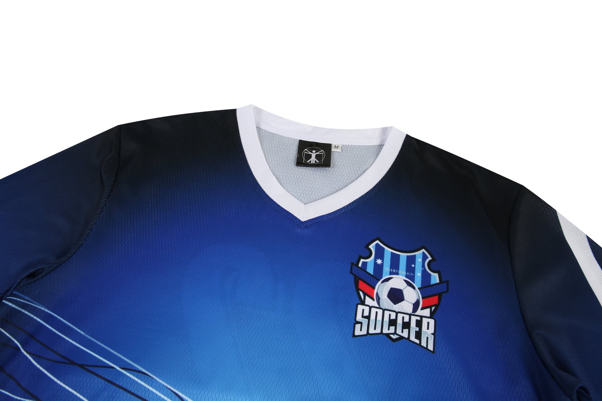 A blue and black soccer uniform T-shirt featuring a logo and a V-neck design.