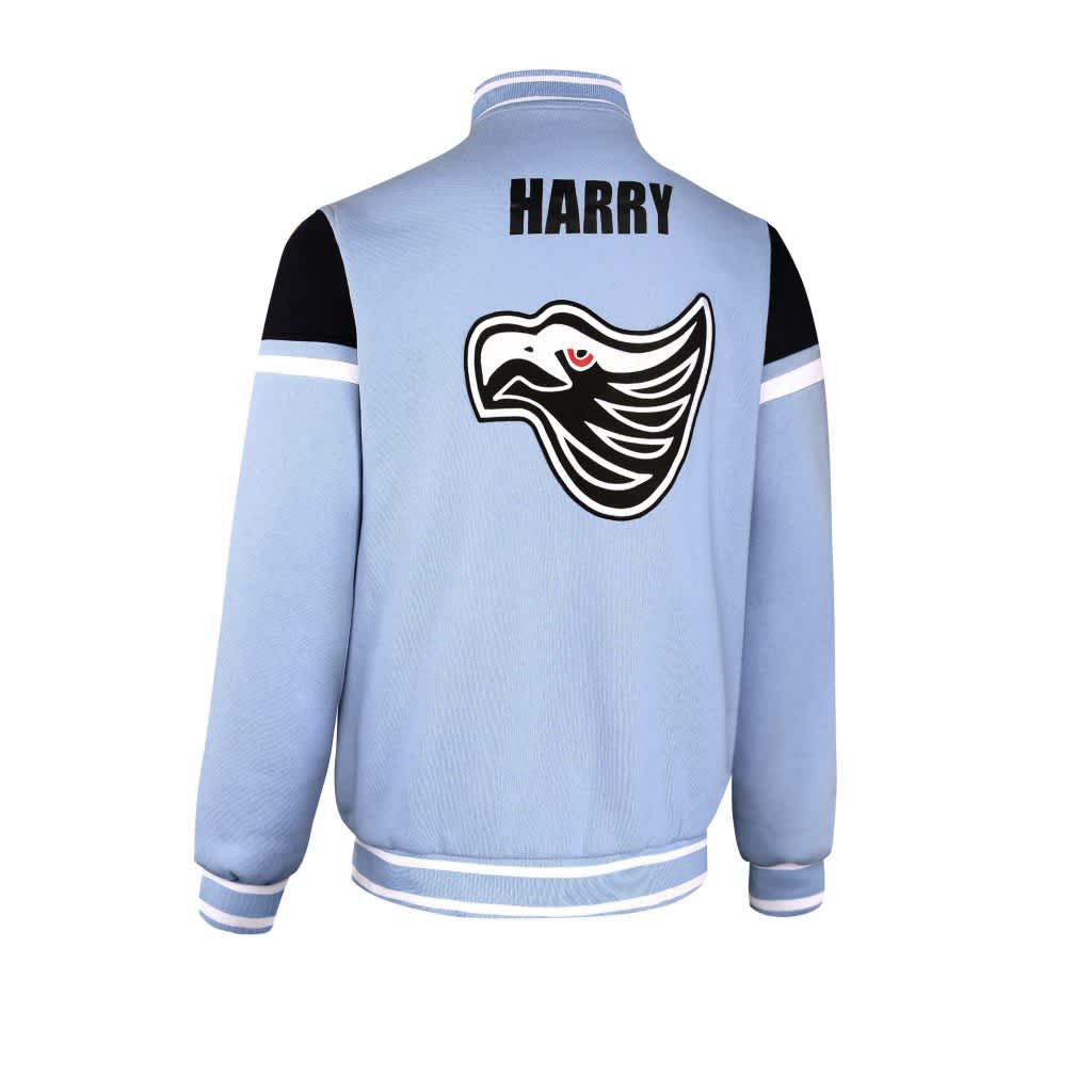 A blue bomber jacket with black accents, featuring a logo and the name "HARRY" on the back.