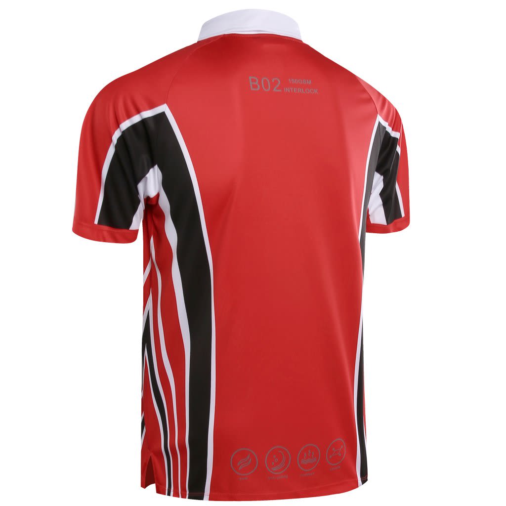 A red and black STAFF POLO with a sleek design and a logo on the back.