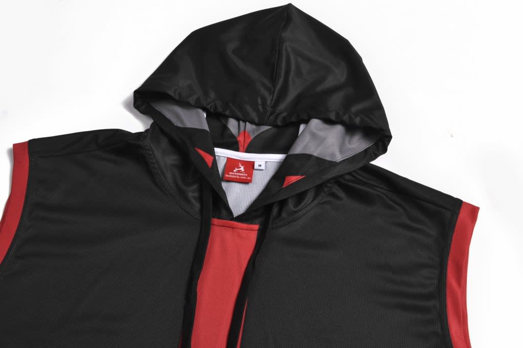 A sleeveless vest in black with red detailing and a hood, featuring a logo on the interior tag.