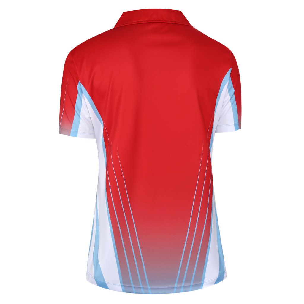 A red and white polo shirt with blue accents and a gradient design, featuring a collar and short sleeves.
