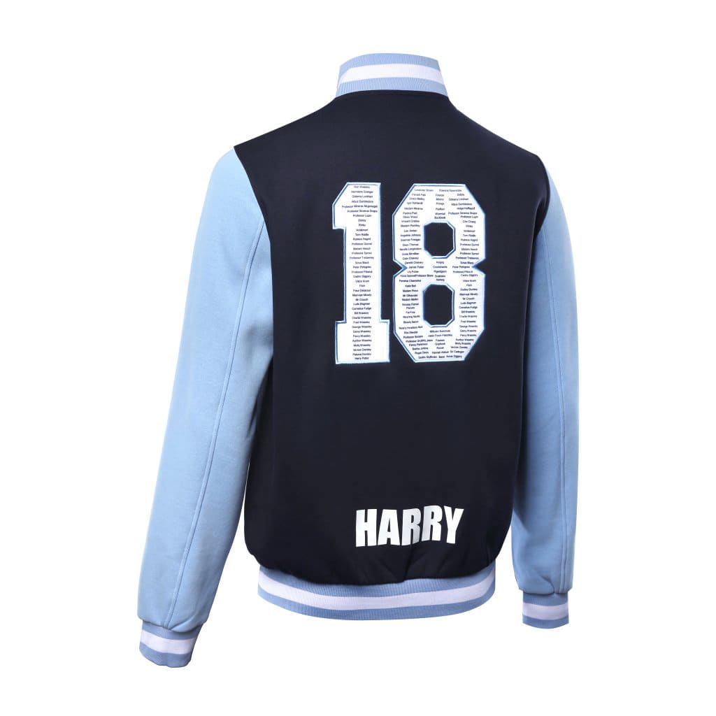 A collegiate jacket in black and light blue, featuring the number 18 and the name Harry on the back.