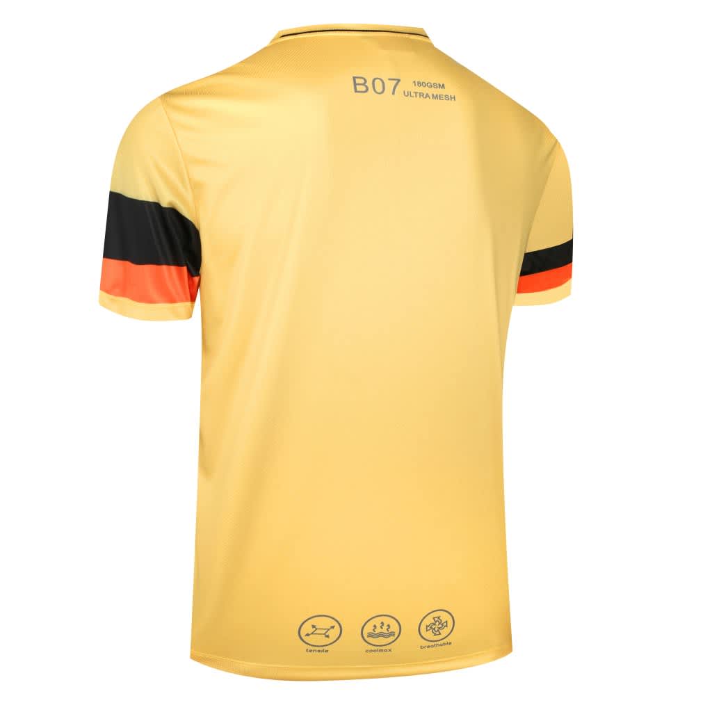 A yellow custom T-shirt featuring short sleeves, with black and orange stripes. It has a logo on the back.