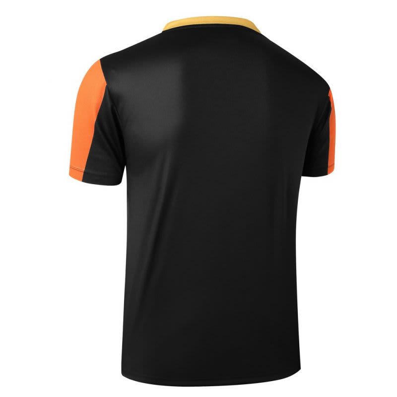A V-neck tee in black with orange and yellow accents on the sleeves, featuring a logo.