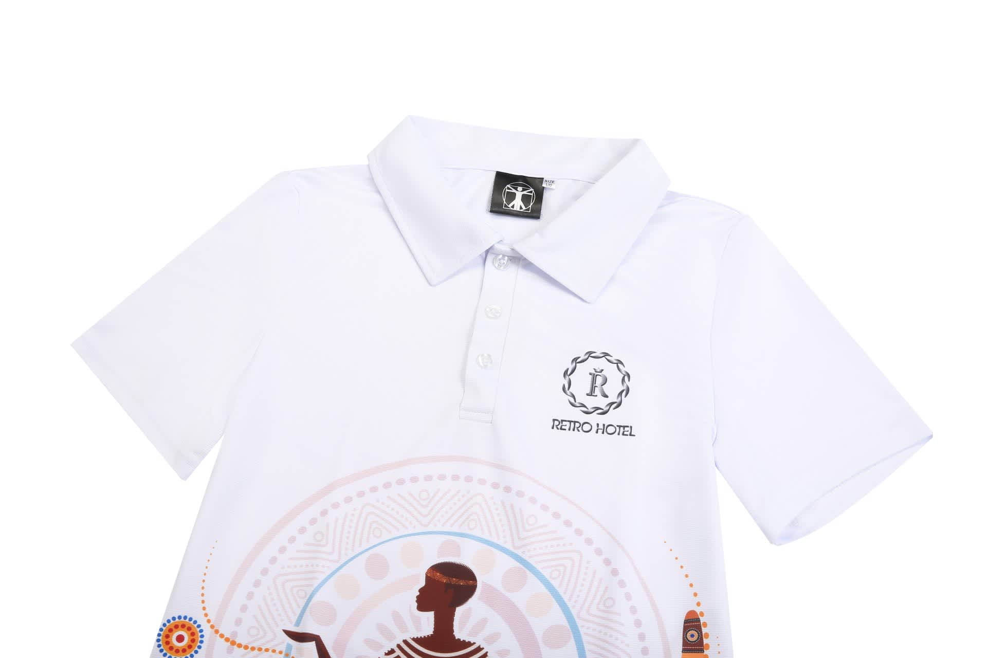 A white polo shirt featuring a patterned design and a logo on the chest.