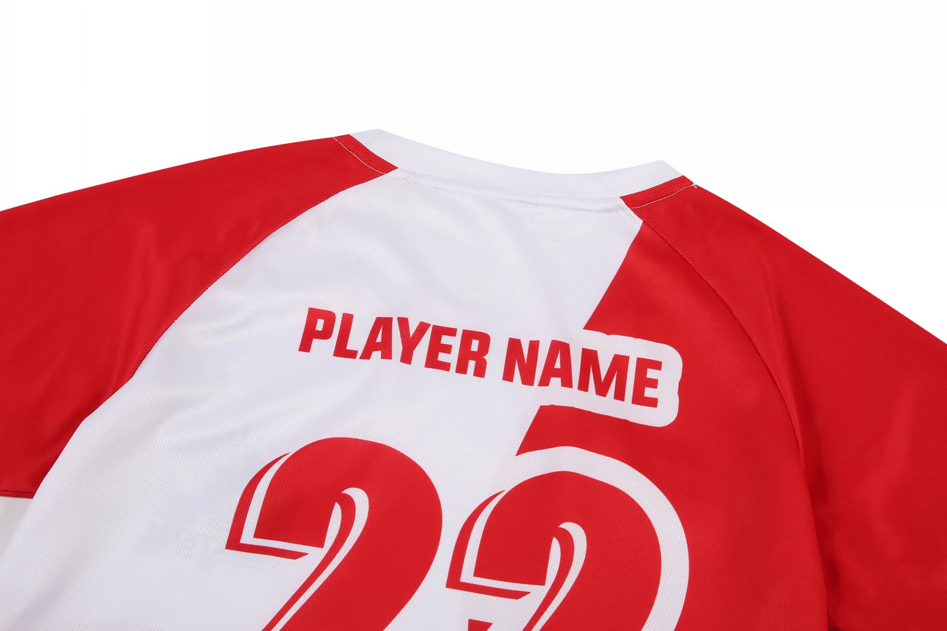 A women's volleyball uniform T-shirt in red and white with a logo and space for player name and number.