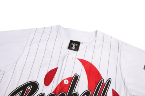 A white baseball uniform with red accents and pinstripes, featuring a logo on the collar.