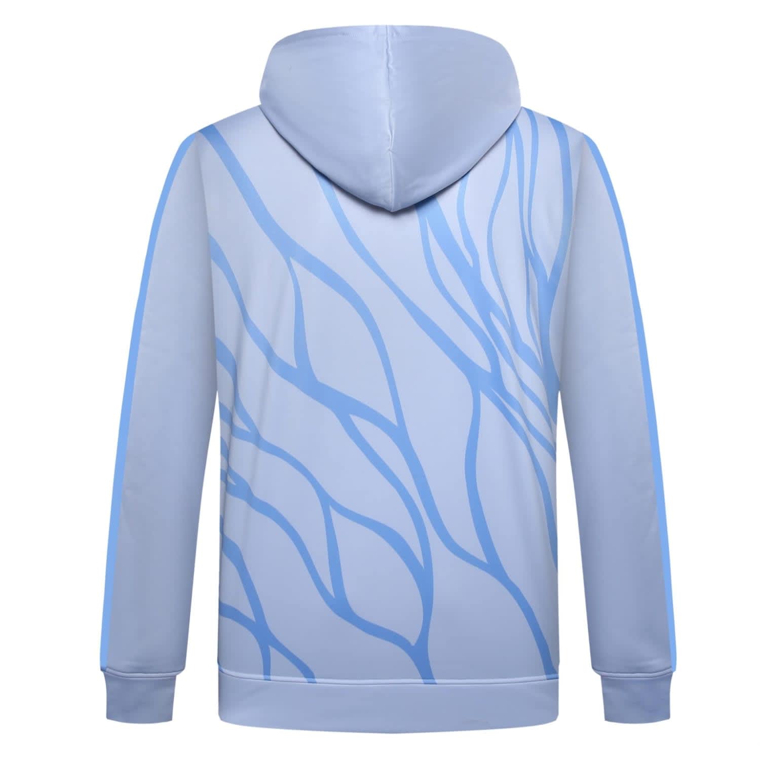 A light blue hoodie featuring a wavy design in darker blue, with a hood and long sleeves. Includes branding.