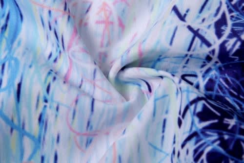 A swirling fabric pattern with blue, pink, and white abstract designs, suitable for beach shirts and shorts.
