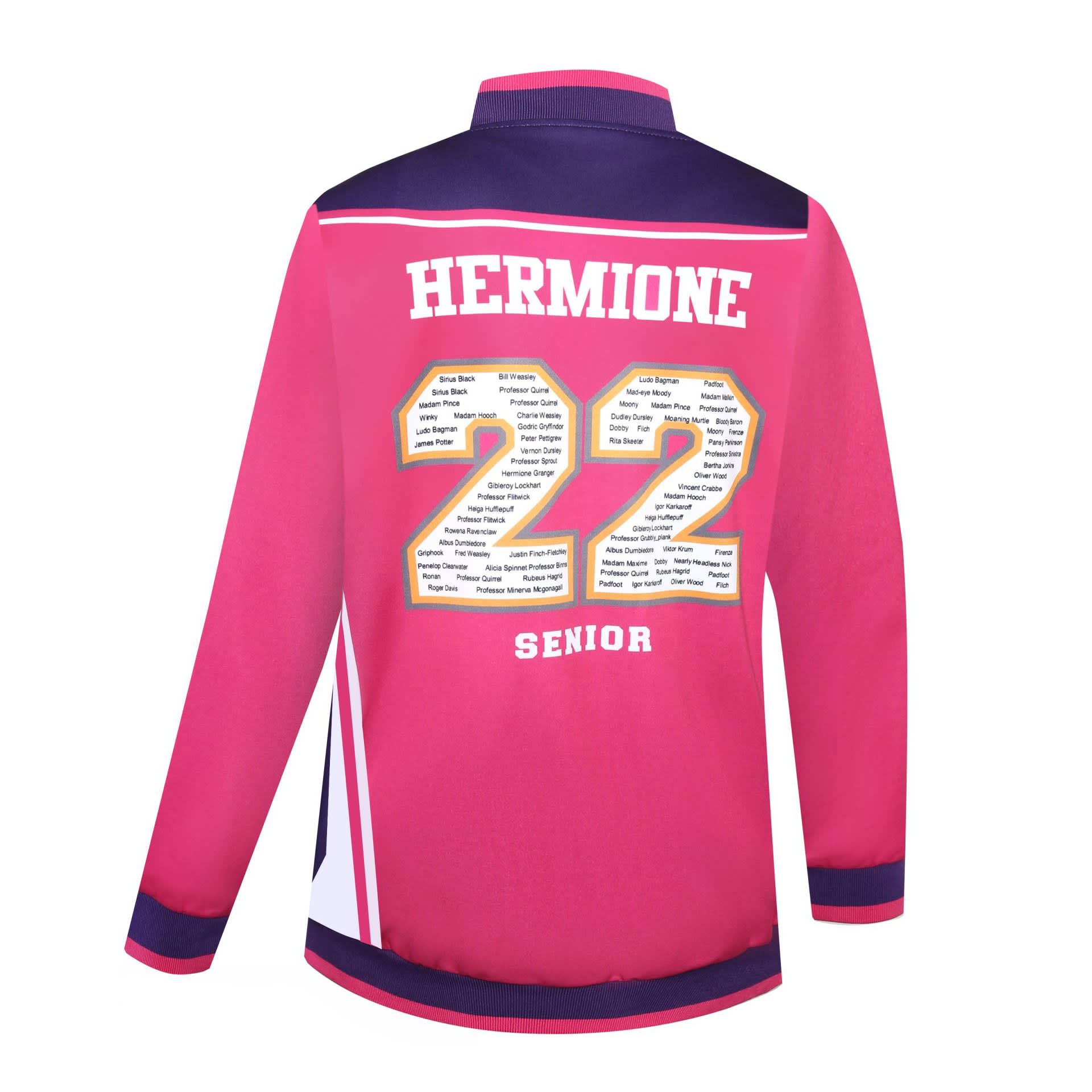 A pink varsity jacket with purple accents, featuring large numbers '22' and a logo on the back.