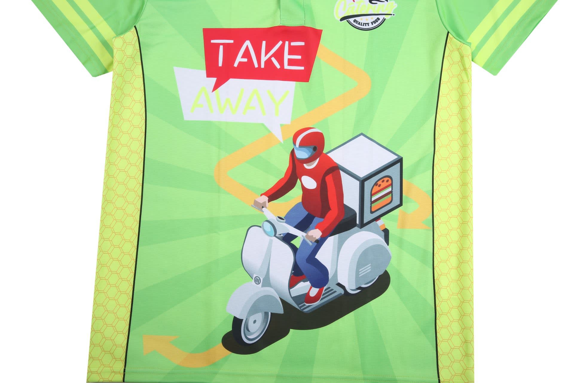 A bright green uniform featuring a graphic of a delivery rider on a scooter, with a logo and design elements.
