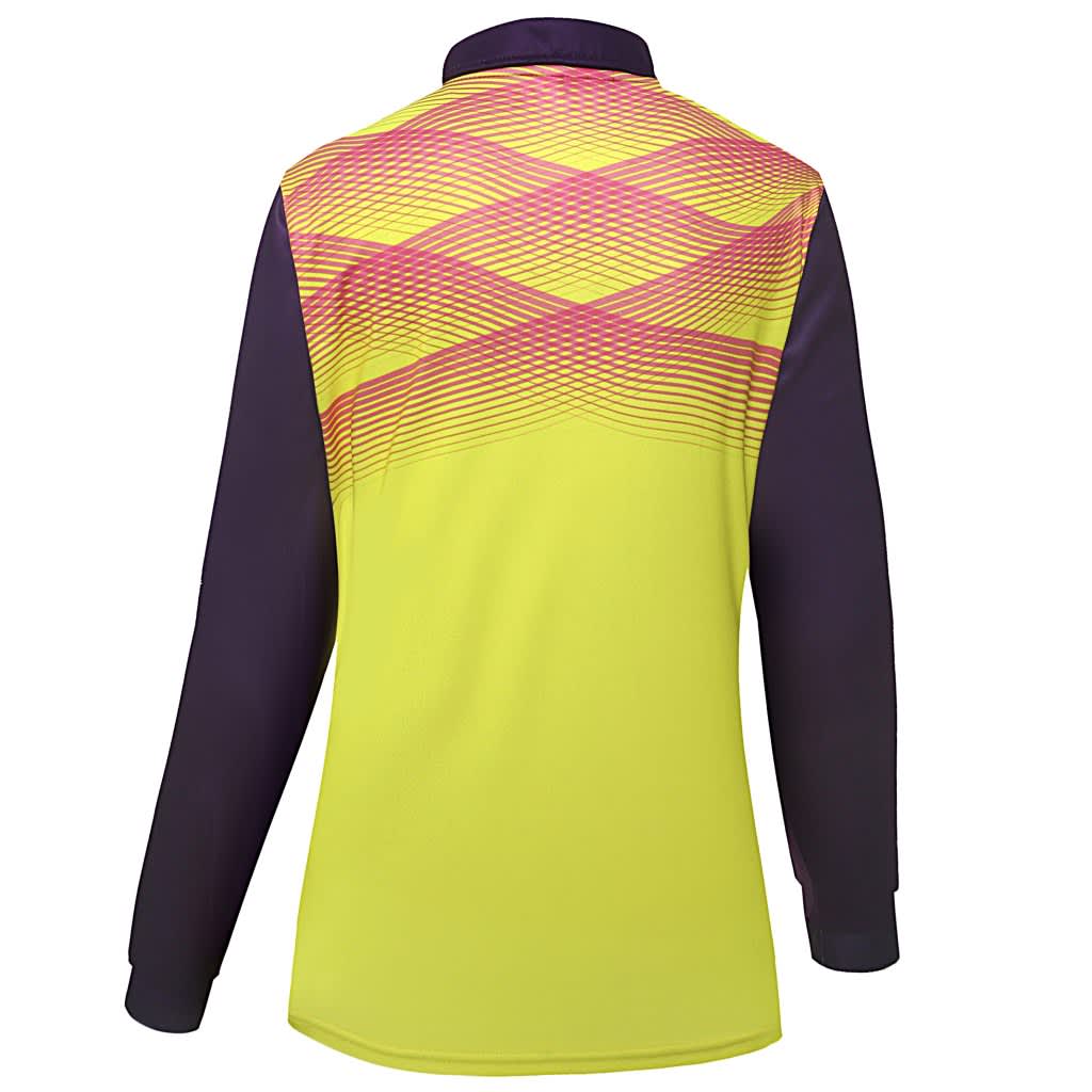 A fluorescent yellow polo shirt with a patterned back in pink and purple. Features long sleeves and a collar.