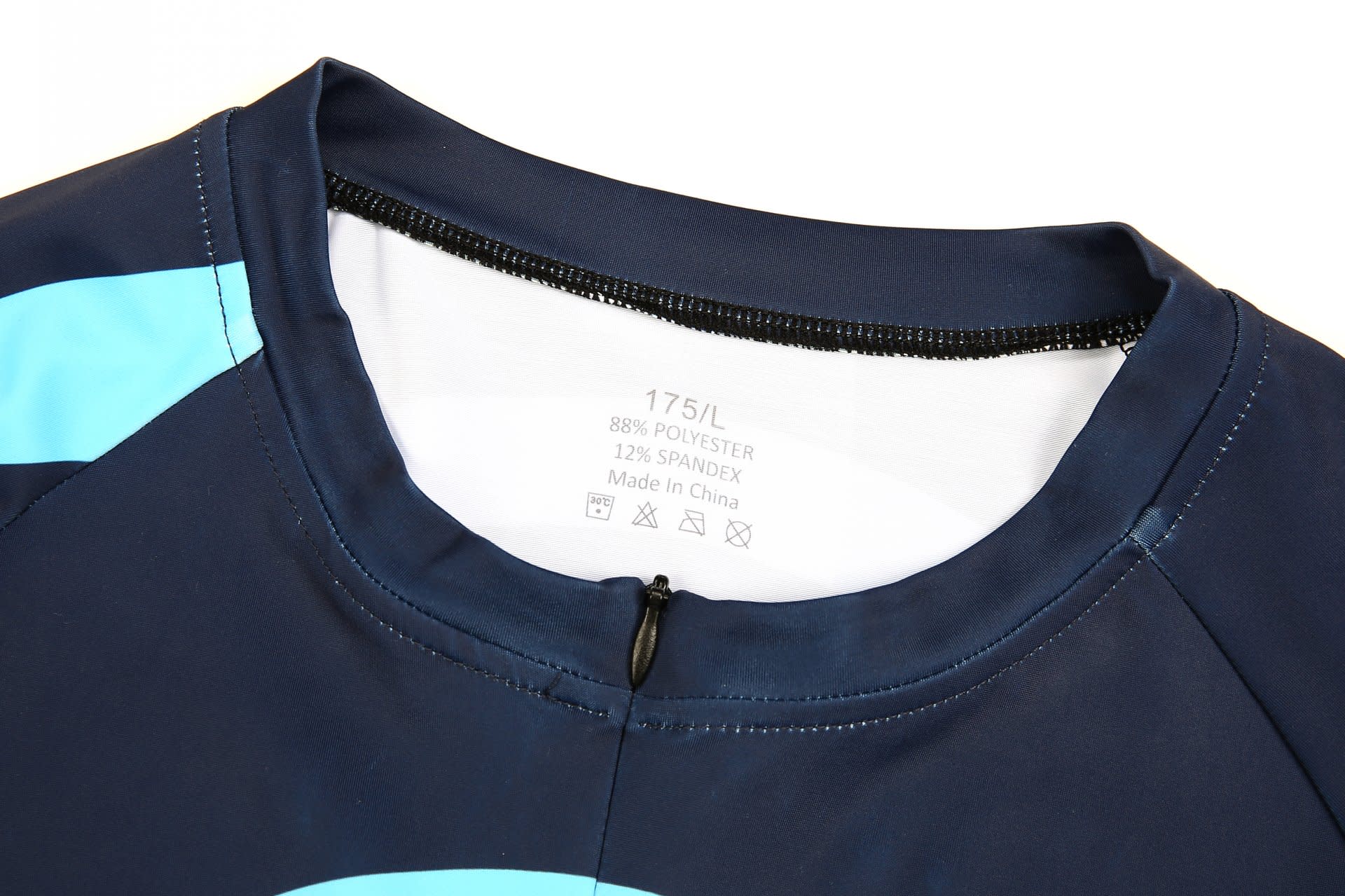 A navy blue inline speed skating suit featuring light blue accents and a zip neck design. It has a logo on the collar.