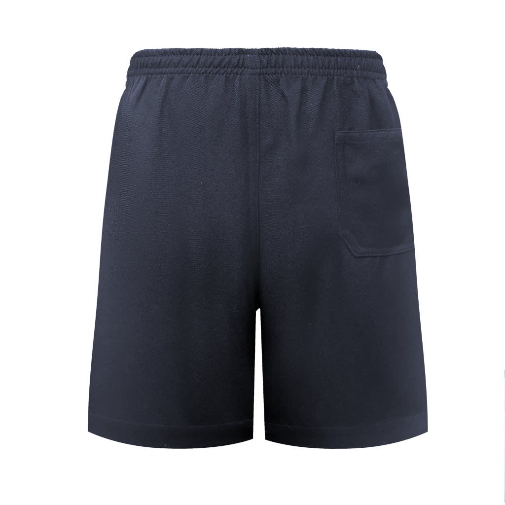 A pair of black shorts featuring an elastic waistband and a back pocket, with a simple design.
