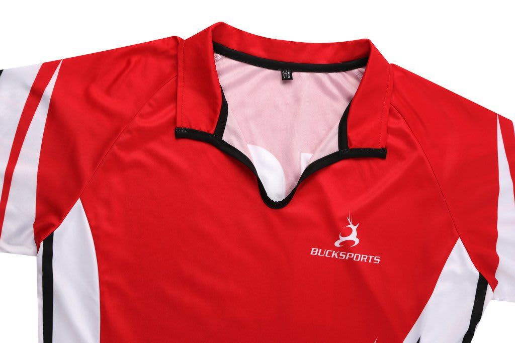 A red sports jersey featuring white stripes and a collar, with a logo on the front.