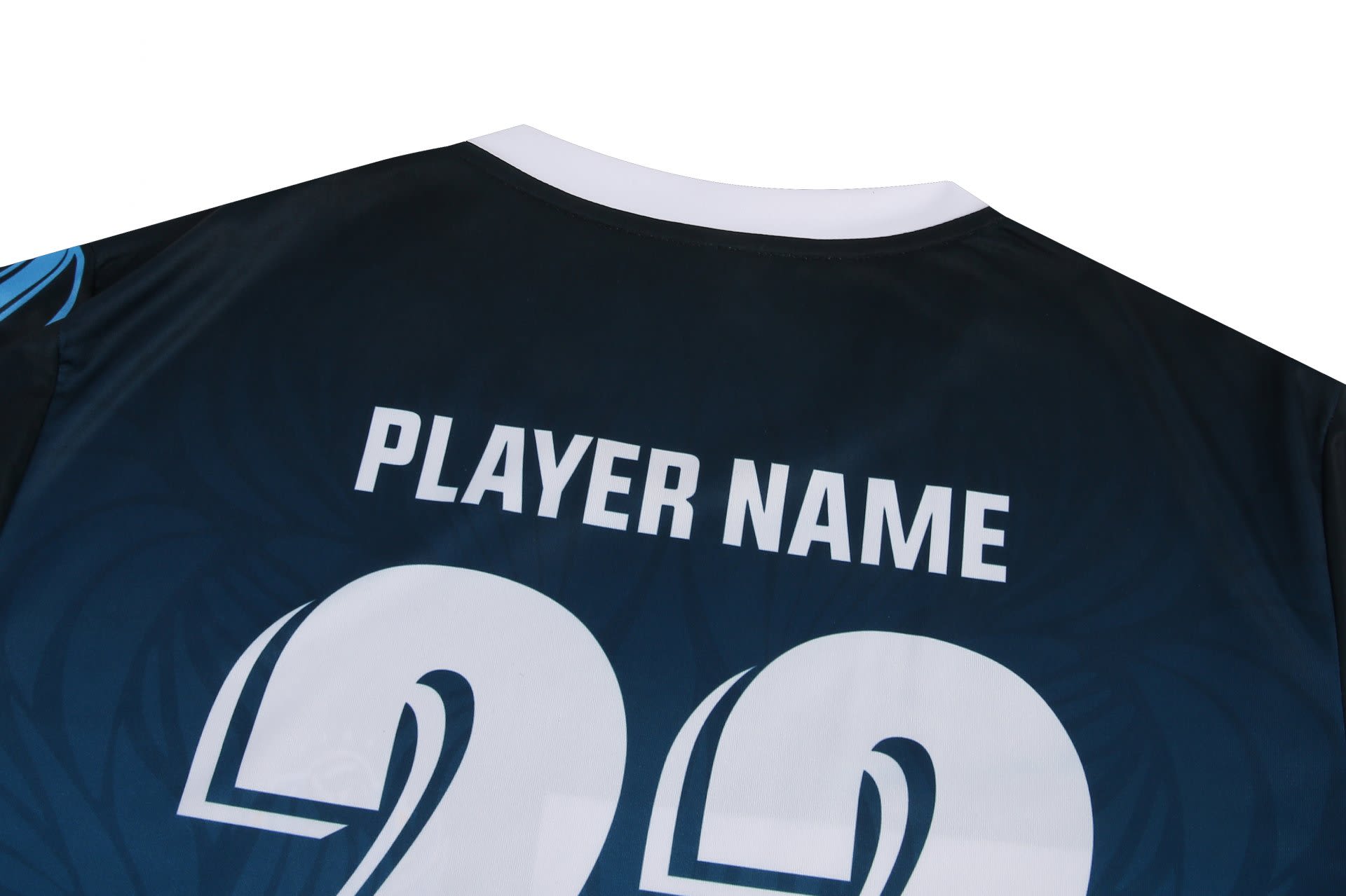 A black volleyball uniform t-shirt featuring a white collar and a large number 22 on the back. It has a logo.