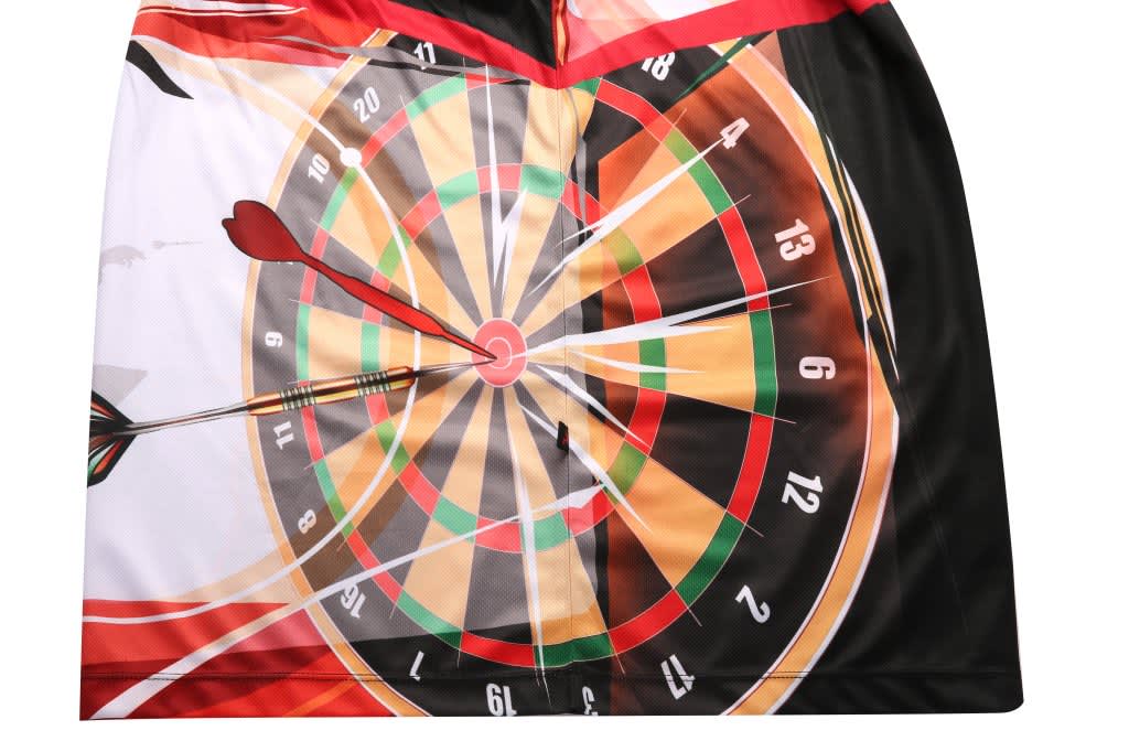 A dartboard-patterned garment featuring red, black, and yellow colours, with an illustration of a dartboard and an arrow.