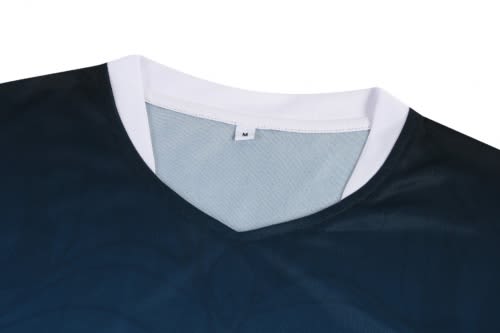 A volleyball uniform featuring a dark blue fabric with a white collar and mesh lining. The design includes a logo.