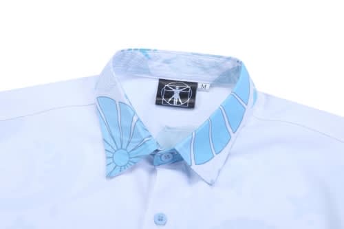 A light blue school wear shirt featuring a patterned collar and a logo tag near the neckline.