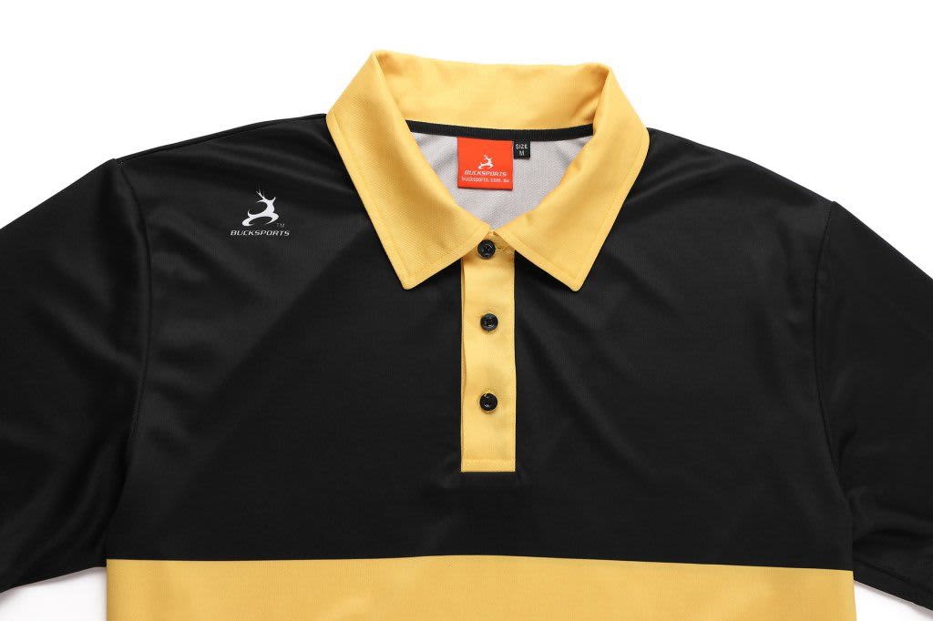 A black and yellow polo shirt with a collar, featuring buttons and a logo on the side.