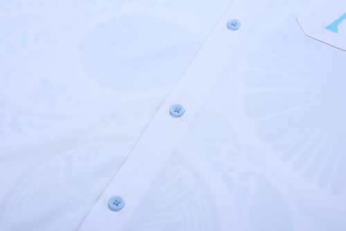 A white school wear shirt featuring light blue buttons and a subtle pattern. It includes a logo.