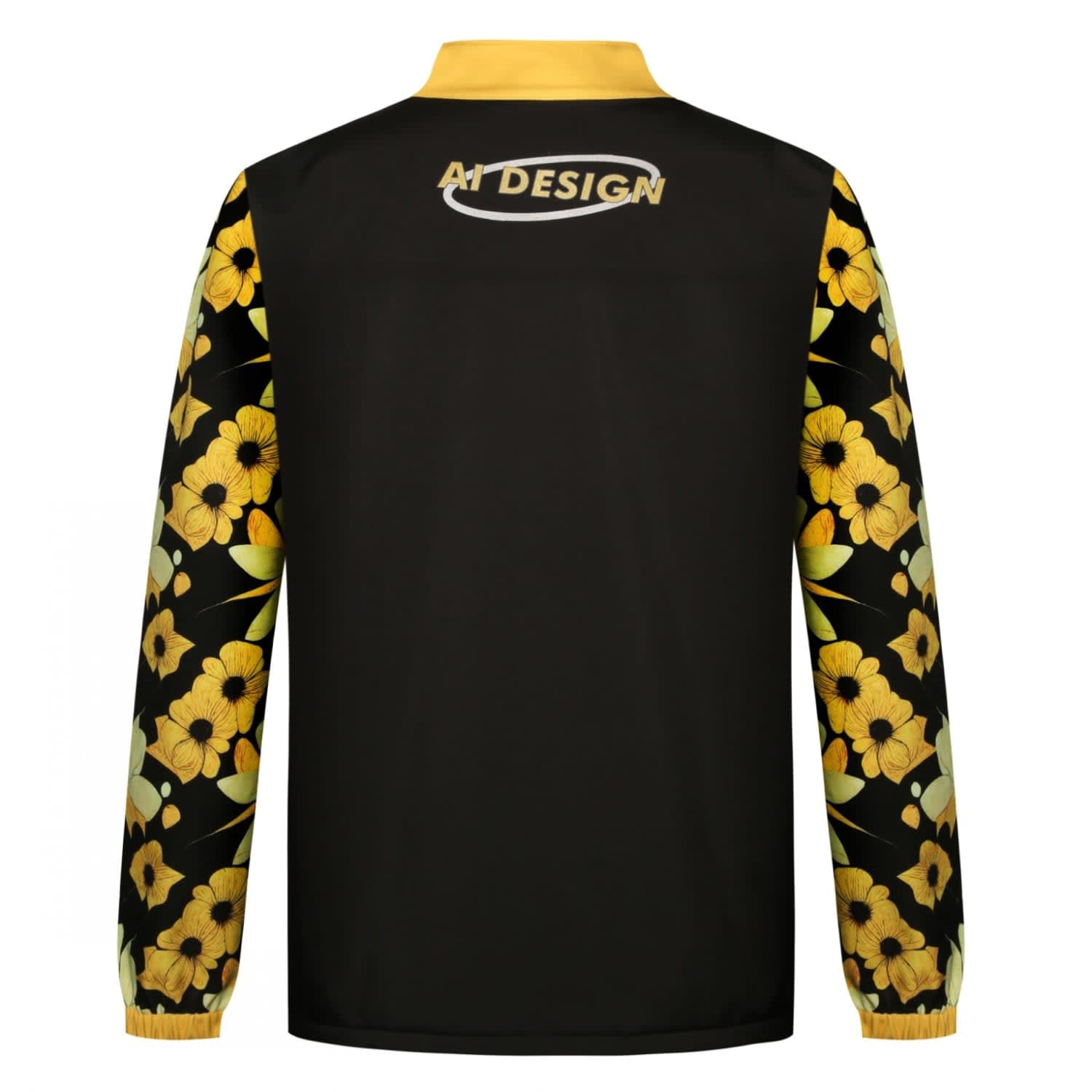 A softshell jacket featuring yellow floral patterns on the sleeves and a black body, with a logo on the back.