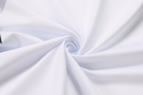 A smooth, white fabric with a slight sheen, suitable for sports uniforms, featuring a logo.