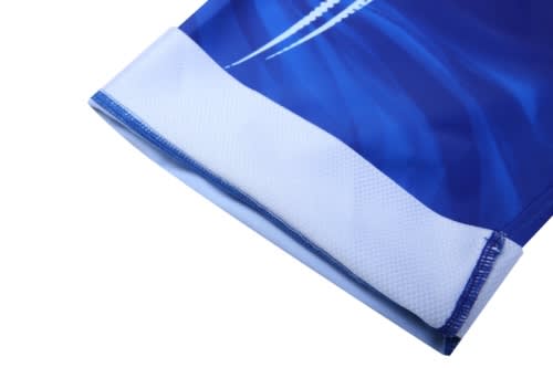 A blue swimming team uniform featuring an anti-chlorine fabric with a white trim and a logo.