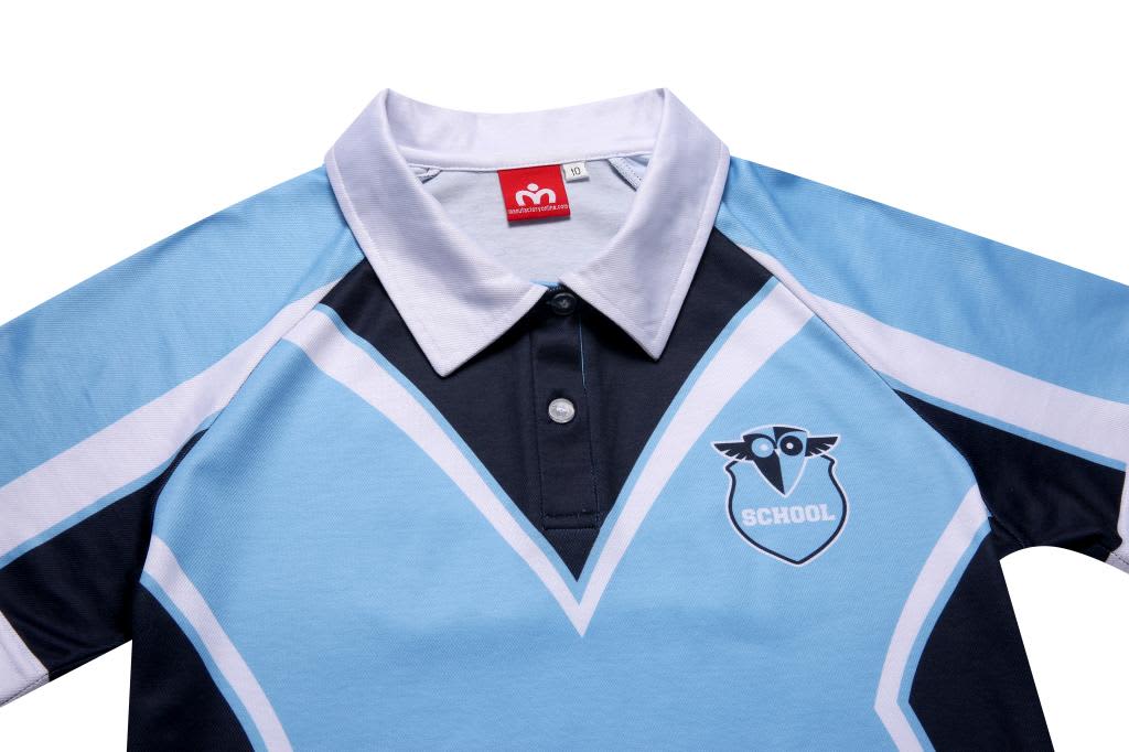A blue and black polo shirt made of cotton, featuring a logo and a classic collar design.