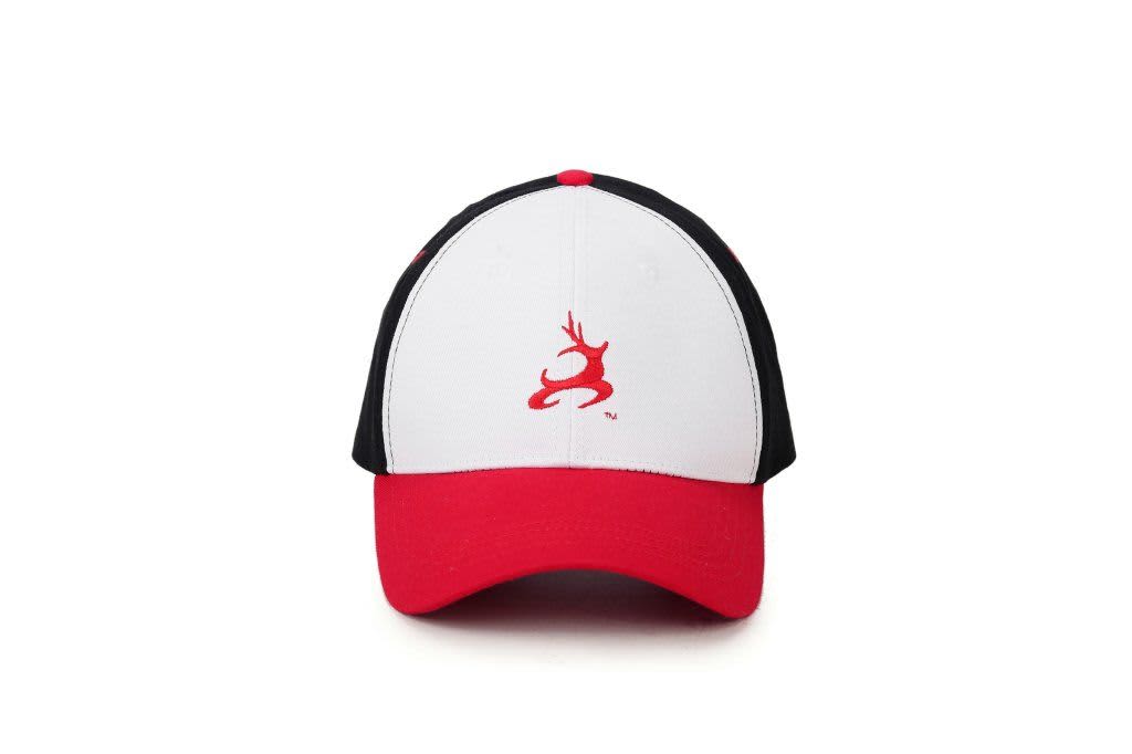 A cap featuring a white front, black sides, and a red peak, with a logo displayed on the front.