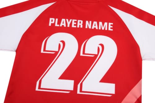 A red rugby uniform featuring white accents, with large numbers and a placeholder for a player's name.