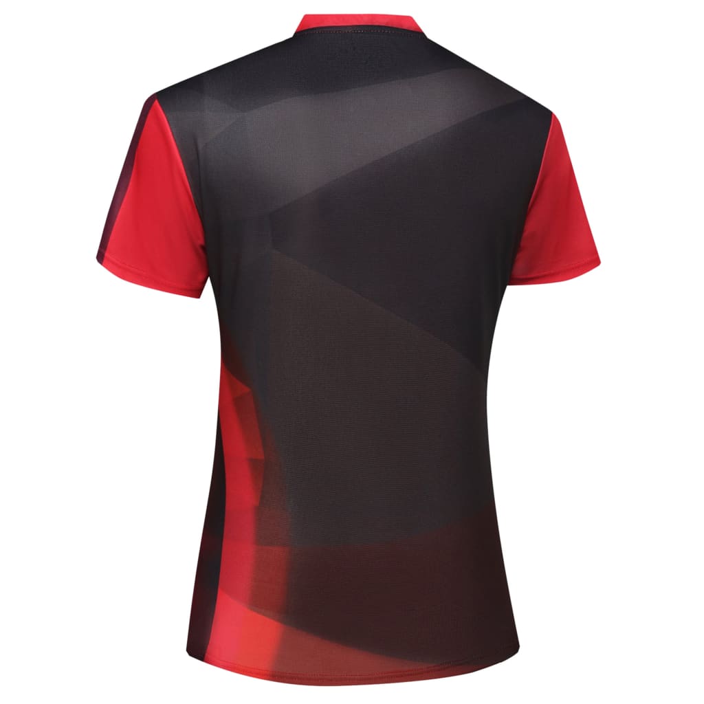 A short-sleeved shirt in black and red with a geometric pattern and a logo. Suitable for bowling team wear.