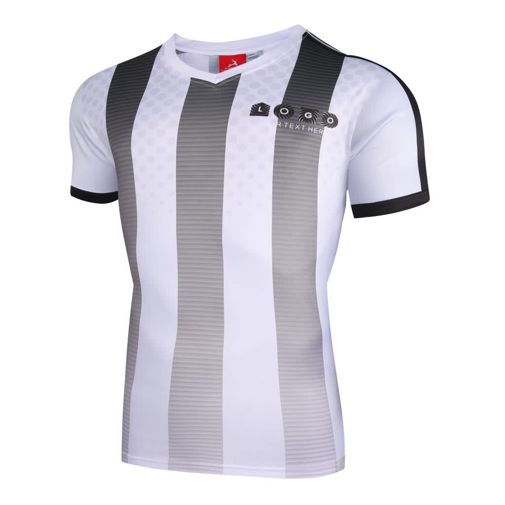 A jersey featuring vertical grey and white stripes, short sleeves, and a logo on the front.