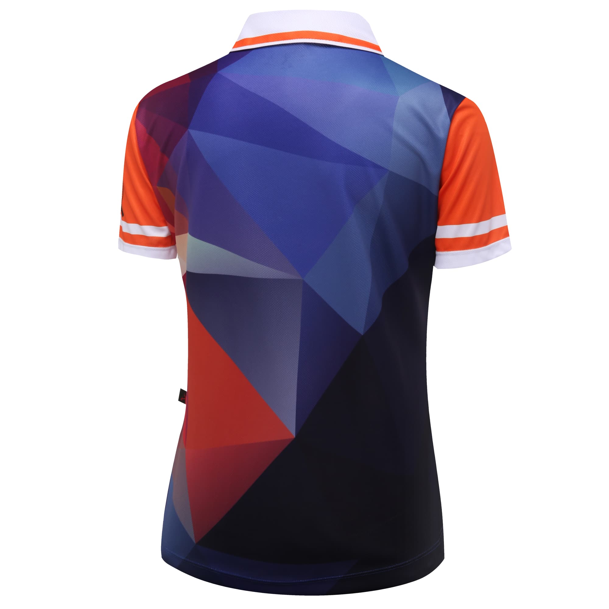 A badminton club uniform with a geometric design in shades of blue, orange, and black, featuring a white collar.